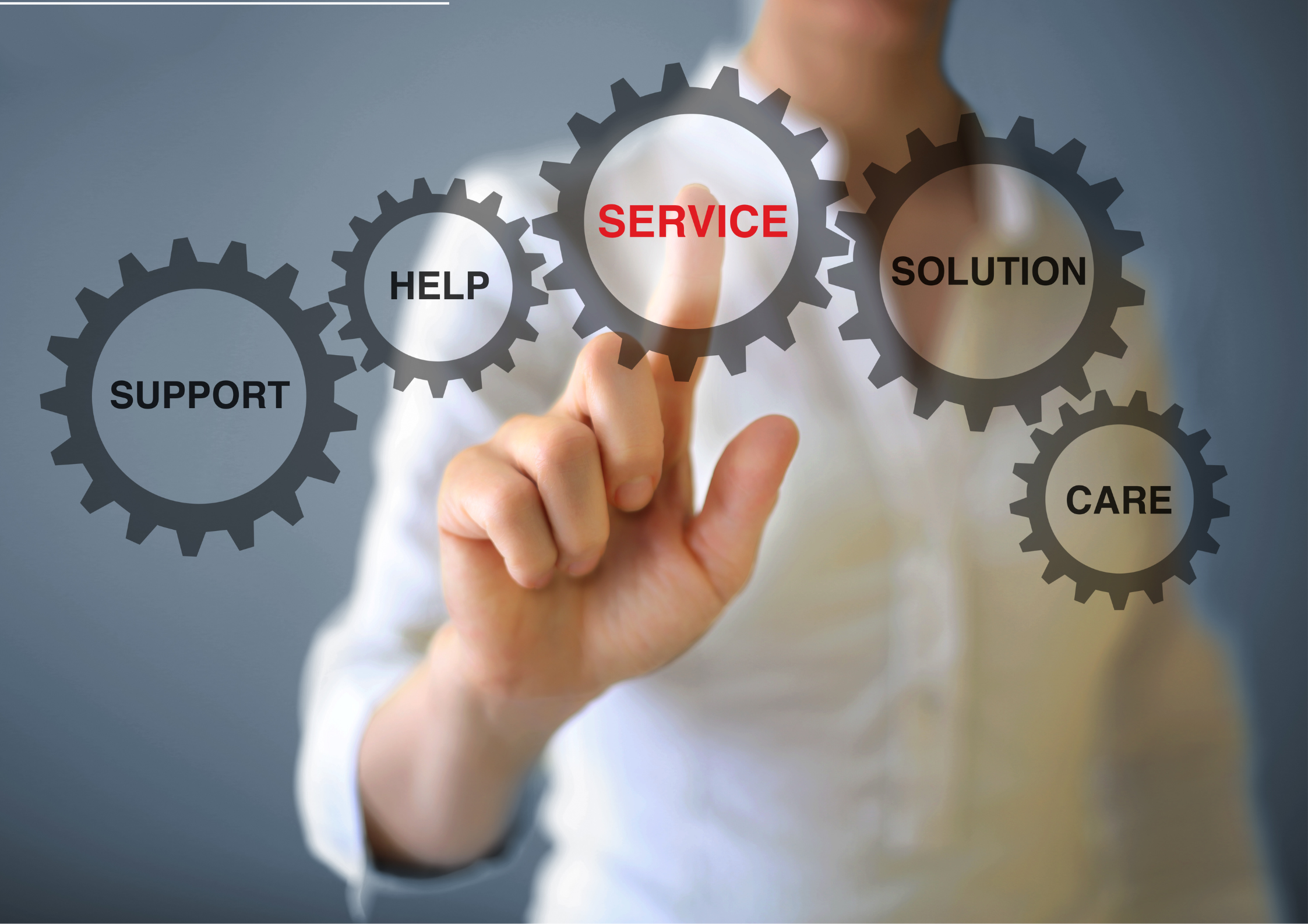 Conceptual image: hand selecting 'Service' gear, representing the comprehensive hearing care process.